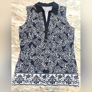 Charter Club Golf Sleeveless Polo Top Small Black White Floral Stretch